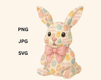 Easter Bunny Clipart – PNG | SVG | JPG – Pastel Patchwork Bunny with Bow, Gift for her, sublimation, Easter shirt, Rabbit design