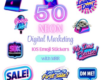 IOS 18 Emoji Stickers, Neon Digital Marketing Edition, MRR, 50 Stickers, Resell Rights, Digital Marketer, iPhone Emojis