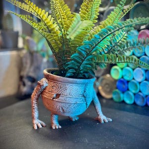 May include: A decorative planter with a fern. The planter is a light brown colour with a detailed pattern and legs. The fern has green and yellow leaves. The planter is on a dark surface.