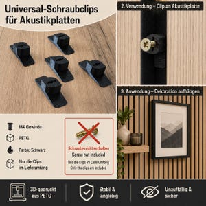 Könnte beinhalten: Schwarze Universal-Schraubclips aus PETG für Akustikplatten. Das Set enthält fünf Clips mit M4-Gewinde. Das Bild zeigt die Clips, die Anwendung an einer Akustikplatte und ein aufgehängtes Bild an einer Lamellenwand. Schrauben sind nicht enthalten.