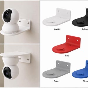 Pode incluir: Uma prateleira de parede para câmara de segurança disponível em branco, preto, vermelho, cinzento e azul. O suporte em forma de L possui uma plataforma plana com um mecanismo de bloqueio circular e uma placa traseira com dois furos.