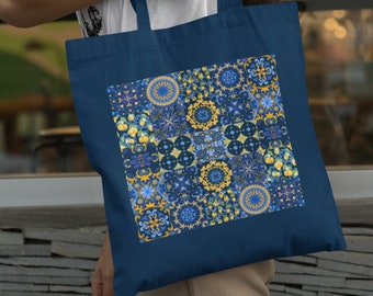 Eco vriendelijk katoenen draagtas, Majolica patroon, Siciliaans ornament, gele en blauwe keramische tegels, in mediterrane Portugese stijl.