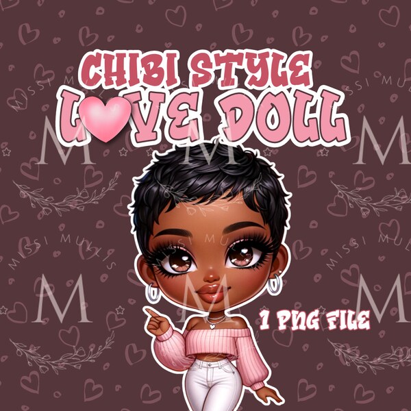 Valentines Day Chibi Doll Clipart | Love Doll Chibi Clipart PNG File | African-American Valentines Day Chibi Doll Clipart