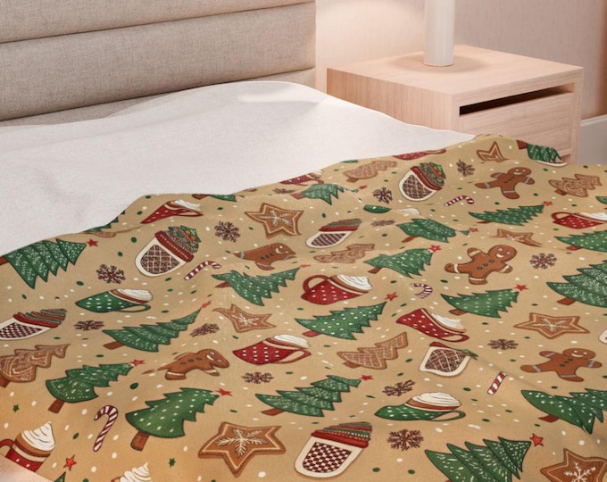Christmas Velveteen Plush Blanket: Gingerbread & Hot Cocoa Holiday Throw