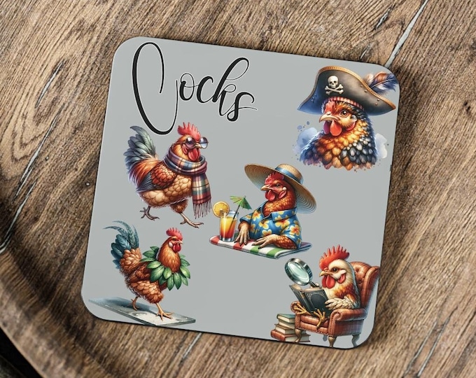 Funny Rooster "Cocks" Coasters | Square Cork Coasters for Drinks | Unique Rooster Home Decor & Gifts | Quirky and Durable Drink Mats