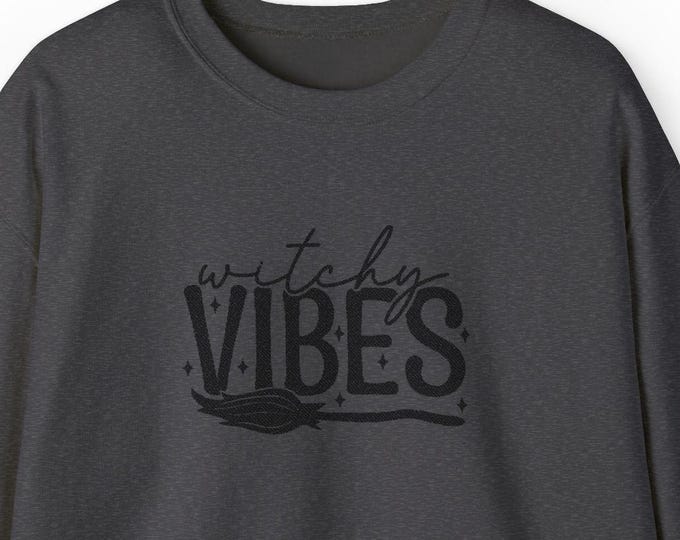 Witchy Vibes Embroidered Sweatshirt: Gothic Black-on-Black Fleece