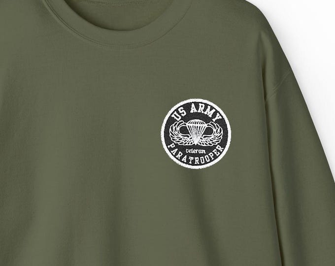 Embroidered Army Paratrooper Sweatshirt: Airborne Wings Patch | Veteran Gift | Military Crewneck | Gildan Medium Heavy Blend Unisex Fleece