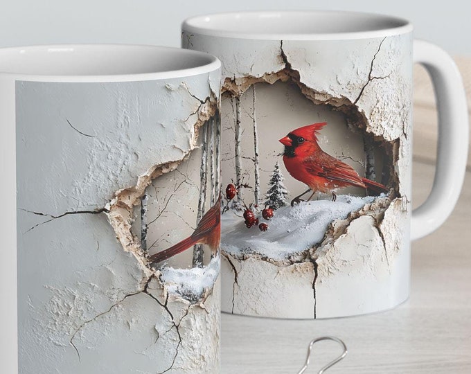3D Cardinals Mug I Snowy Winter Cardinals Coffee Mug | 11oz & 15oz Ceramic Cup | Festive Gift for Coffee, Cocoa, or Tea Lovers