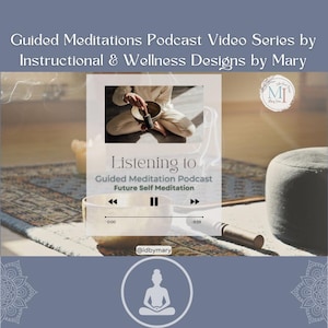 Puede incluir: Una captura de pantalla de un episodio de podcast titulado "Listening to Guided Meditation Podcast: Future Self Meditation". El reproductor de podcast muestra una hora de 0:00 y -9:59. La imagen también incluye a una persona meditando con un cuenco de canto.
