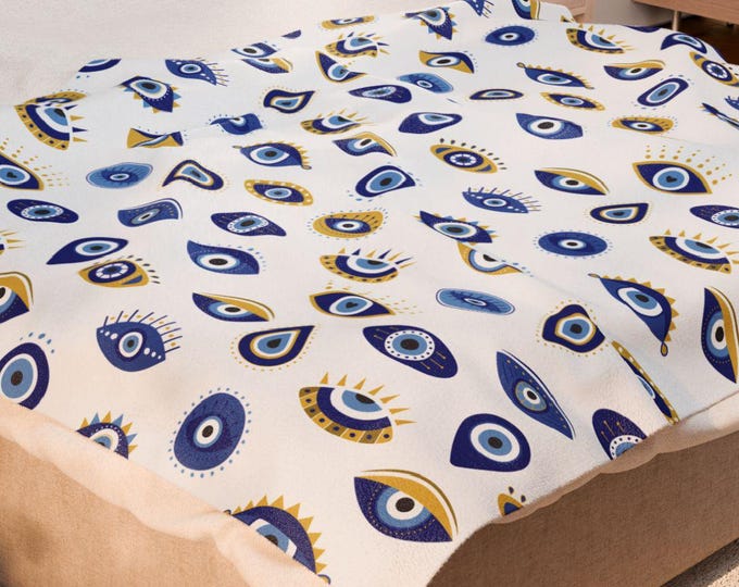 Evil Eye Plush Blanket: Boho Blue & Gold Protective Throw