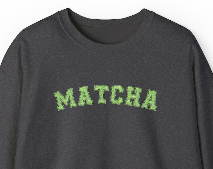 MATCHA Foodie Embroidered Sweatshirt: Varsity Crewneck with Tea Leaf Sleeve Detail