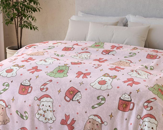Christmas Ghost Minky Blanket: Kawaii Pastel Holiday Throw