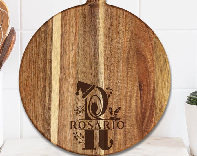 Personalized Acacia Wood Pizza Board, Engraved Charcuterie Board with Holiday Monogram