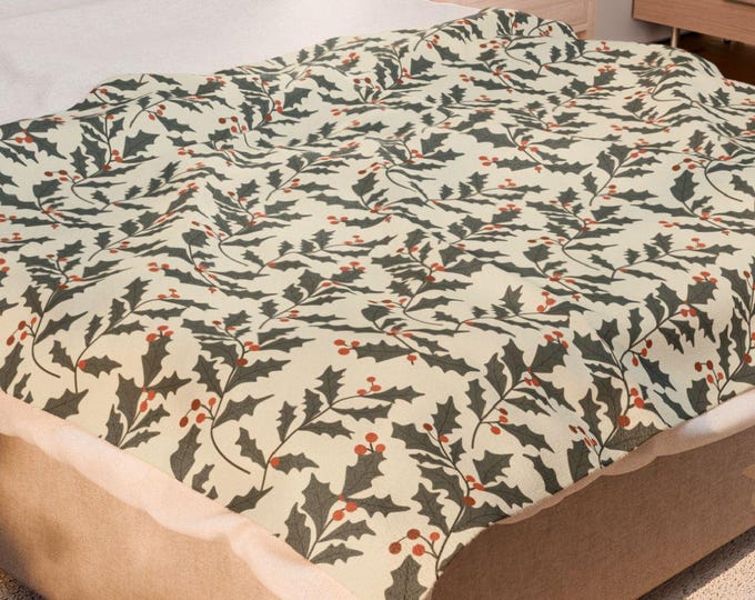 Holly Berry Velveteen Blanket: Christmas Botanical Throw
