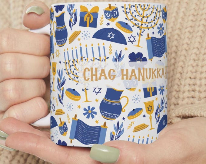 Hanukkah Ceramic Mug: Menorah, Dreidel & Star of David Design
