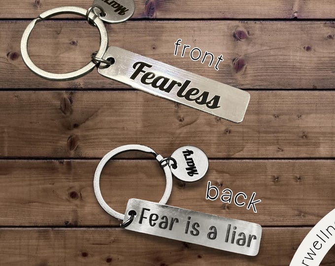 Personalized Keychain I Fearless, Fear is a Liar Engraved Keyring with Name Pendant | Full Custom Option I Inspirational Gift with Gift Bag