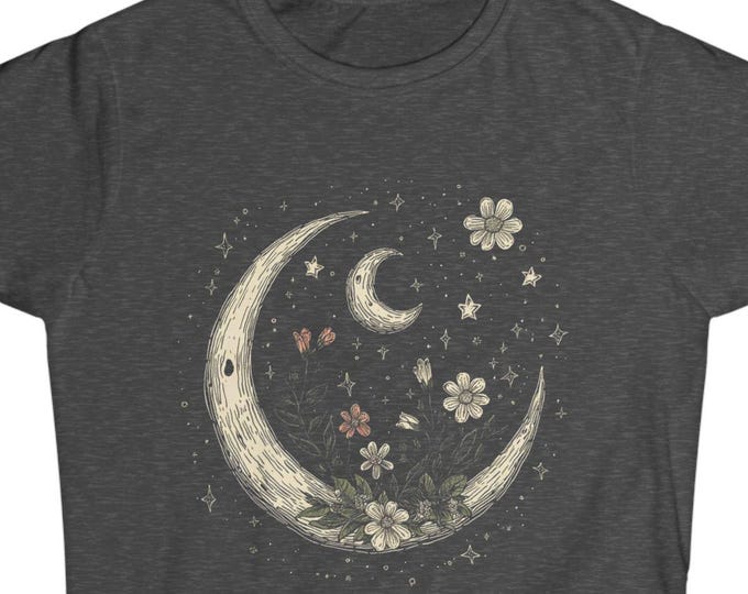Celestial Moon & Floral T-Shirt | Soft Vintage-Inspired Boho Tee | Lunar Aesthetic Starry Night Shirt | Astrology Lover Gift