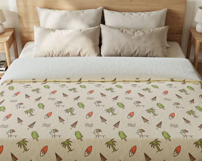 Retro Beach Duvet Cover, Palm Tree Surfboard Summer Bedding, 100% Cotton King Queen Twin