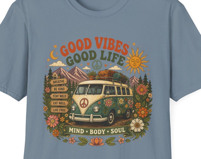 Retro Hippie Camper Van T-Shirt, Boho Good Vibes Mind Body Soul Tee, Unisex XS-5XL