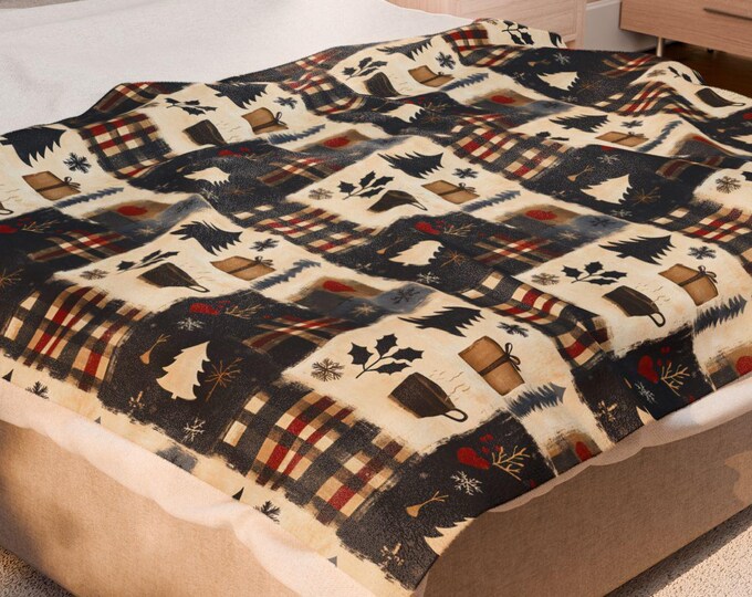 Plaid Cabin Christmas Blanket: Velveteen Plush Rustic Winter Throw