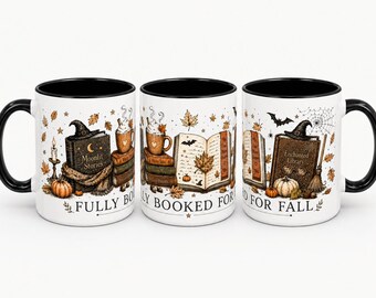 May include: Three white ceramic mugs with black rims and handles, each featuring a wrap-around illustration of books, pumpkins, autumn leaves, and witch hats. The text 'FULLY BOOKED FOR FALL' is printed in black lettering along the bottom of each mug.