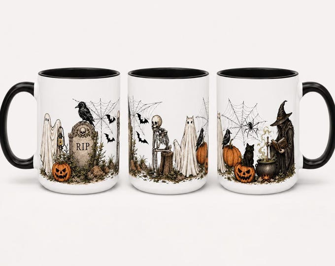 Vintage Halloween Graveyard Mug, Spooky Ghost Skeleton Witch, Orange or Black Accent Coffee Cup