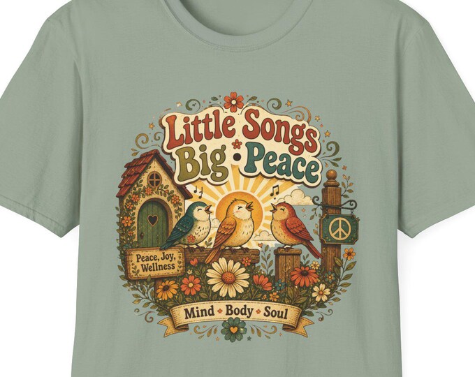 Retro Boho Singing Birds T-Shirt, Little Songs Big Peace Wellness Tee, Unisex XS-5XL