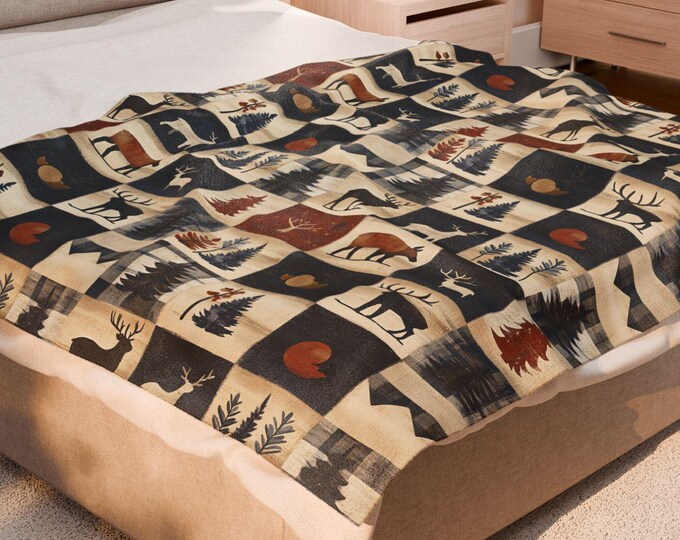 Rustic Deer Velveteen Blanket: Woodland Cabin Throw