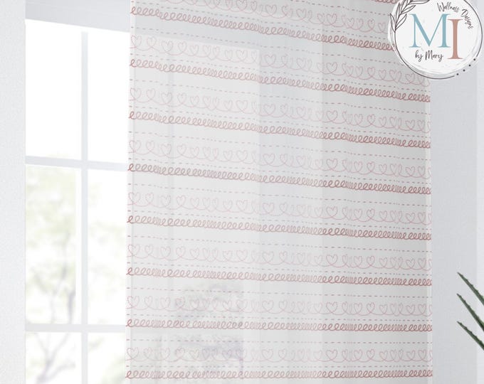 Pink Hearts Semi Sheer Curtain | Romantic Window Decor | Soft Minimalist Design | Valentines Day Gift, Home Decor, Boho Style, Elegant Room