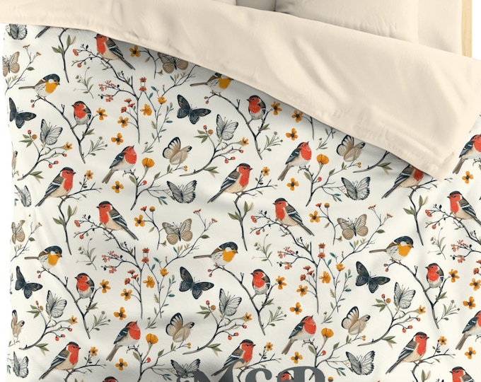 Monogrammed Duvet Cover: Birds & Butterflies Floral Bedding