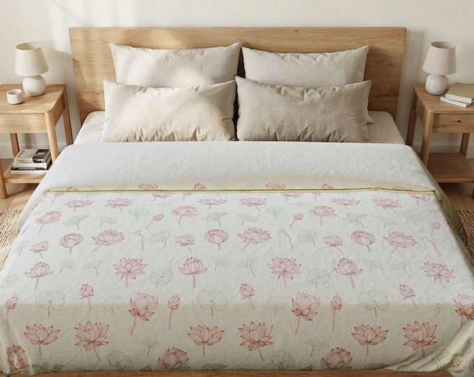 Blush Lotus Duvet Cover, Soft Pink Floral Botanical Cotton Bedding, Cotton King Queen Twin