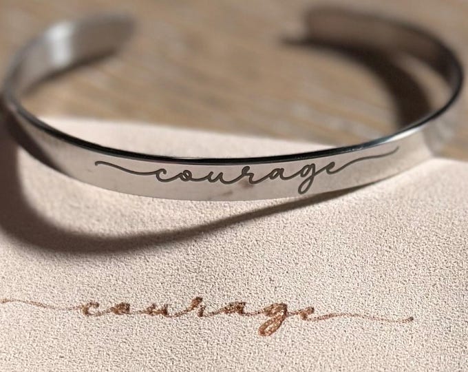 Personalized Affirmation Cuff Bracelet • 2 Sided Engraved Inspirational Word Bangle, Custom Pouch