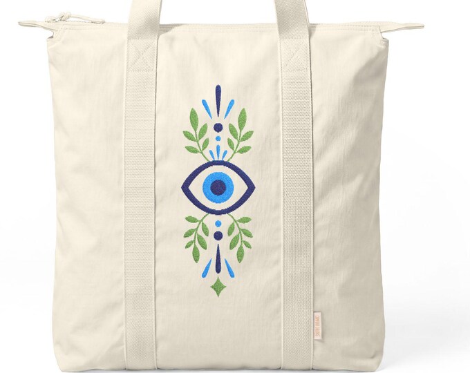 Embroidered Evil Eye Tote Bag, Comfort Colors Zippered Nylon Carryall, Boho Protection Symbol Bag