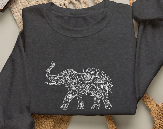 Embroidered Mandala Elephant Sweatshirt | Good Karma Shirt with Sleeve Detail