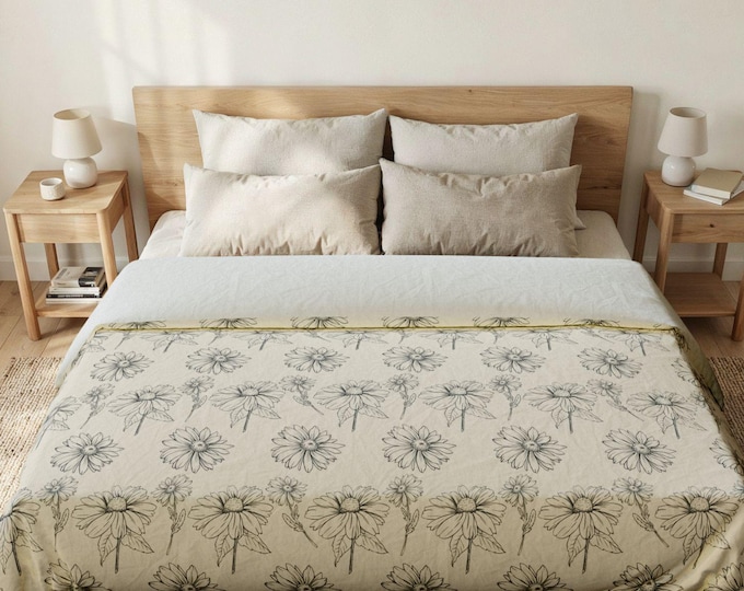 Chamomile Botanical Duvet Cover, Neutral Floral Cotton Bedding, Modern Cottage Style, King Queen Twin