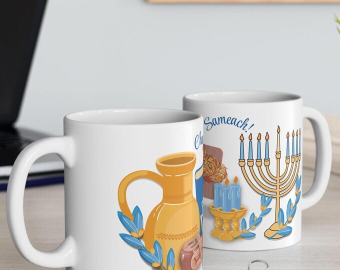 Hanukkah Ceramic Mug | Chag Hanukkah Sameach, Menorah, Dreidel, Star of David, Latkes and Gelt Coin | Holiday Unisex Gift | 11oz & 15oz