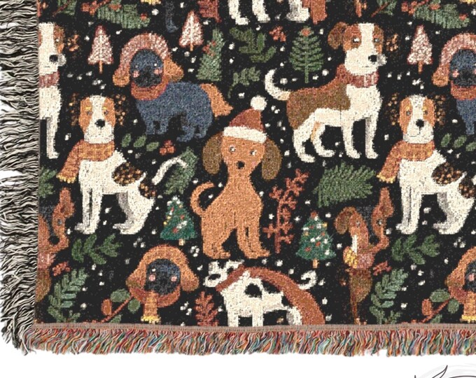 Christmas Dog Woven Blanket: Cozy Cotton Throw, Holiday Décor & Gift for Pet Lovers