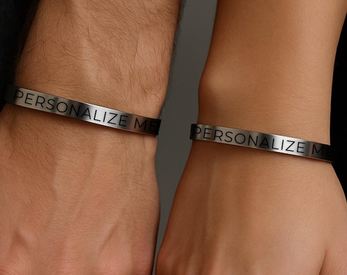 Personalized Unisex Bangle Bracelet: Custom Engraved Stainless Steel Cuff Set| Minimalist Adjustable Bracelet