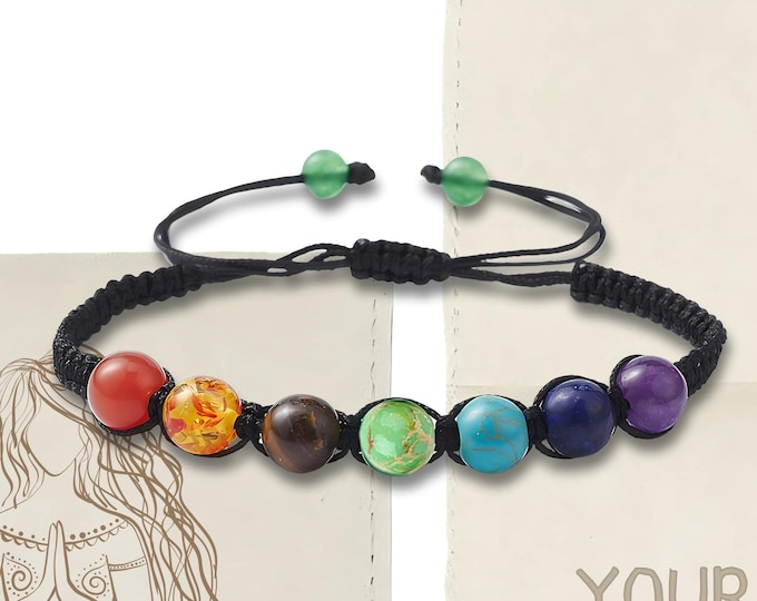 Personalized Handwoven Chakra Bracelet or Anklet: Adjustable Gemstone Jewelry, Initial Charm & Customized Gift Pouch