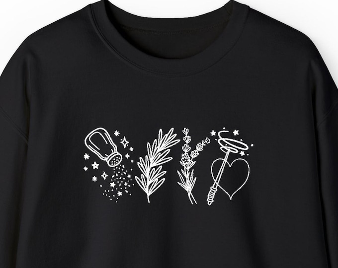 Witchy Embroidered Sweatshirt, Salt Rosemary Lavender Love, Celestial Sleeve Crewneck, Herbal Magic Gift