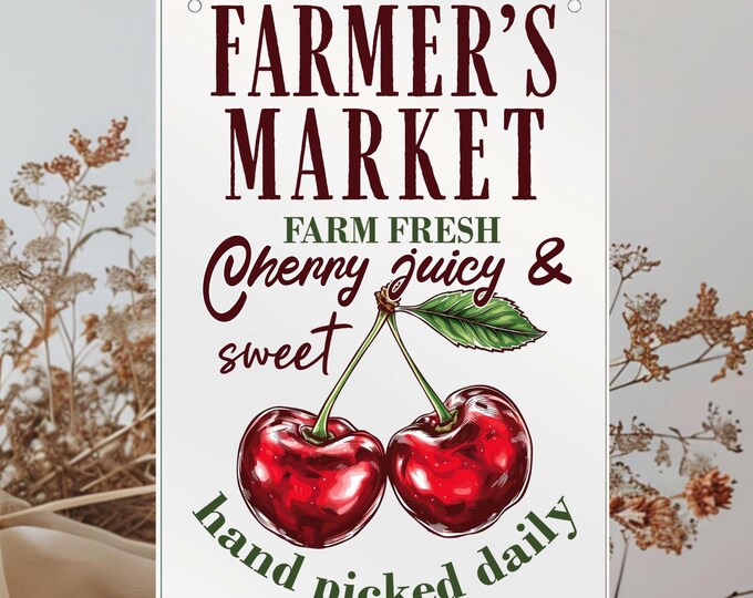 Farmer’s Market Fruit Metal Signs, Vintage-Style 8"x12" Fruit Wall Decor for Kitchen, Garden & Farmhouse Metal Wall Art, Cherries and More