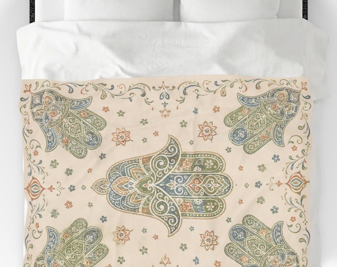 Hamsa Velveteen Plush Blanket, Sage Blue Boho Throw, Spiritual Meditation Home Decor
