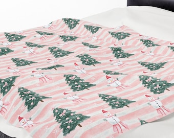 Pink Christmas Velveteen Blanket: Snowman & Tree Pastel Holiday Decor