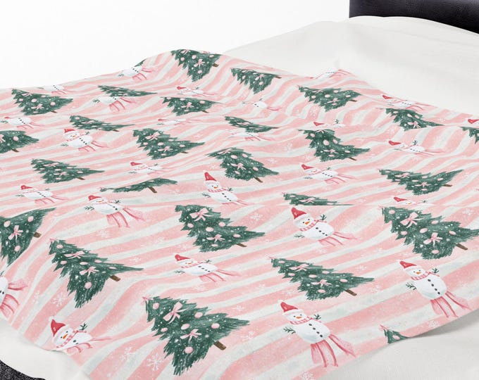 Pink Christmas Velveteen Blanket: Snowman & Tree Pastel Holiday Decor