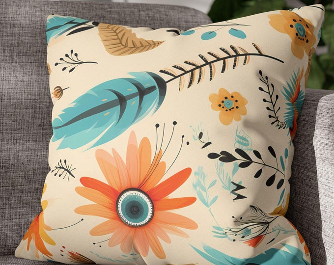 Boho Faux Suede Square Pillowcase | Floral Design | Custom Double-Sided Throw Pillow Cover | Match with our Woven Boho Floral Throw Blanket