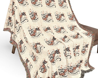 Manta tejida con diseño de gato de arte popular: tapiz de decoración bohemia para el hogar.