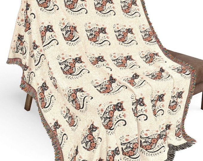 Folk Art Cat Woven Throw Blanket: Boho Home Decor Tapestry