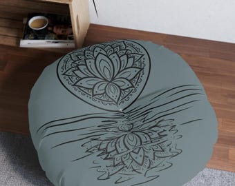 Lotus Mandala Floor Pillow: Round Tufted Meditation Cushion | Zen Reflection Pillow | Boho Yoga Decor | Calm Reading Nook Seating