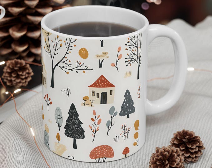 Cottagecore Coffee Mug: Fall Forest Folk Art Design