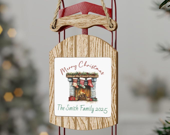 Personalized Christmas Sled Ornament | Custom Family Name Holiday Decor | Rustic Wood & Red Metal | 1, 5, 10, or 20 Pack